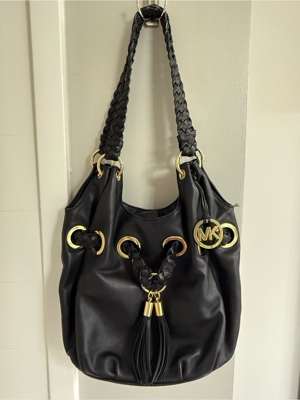 Michael Kors Black Leather Braided Handle Hobo Shoulder Bag Gold Hardware Tassel